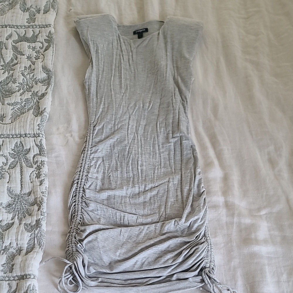 Express Light Gray Ruched Shoulder Pad Mini Dress